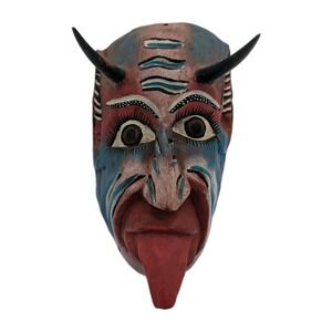 Carved Wood Red Devil Mask Folk Art Mexican Guatemalan 11x7 HTF Vintage
